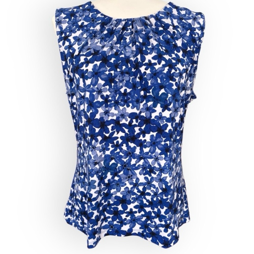 Calvin Klein Floral Sleeveless Top Pleat Neck Blue and White Size L Corpcore